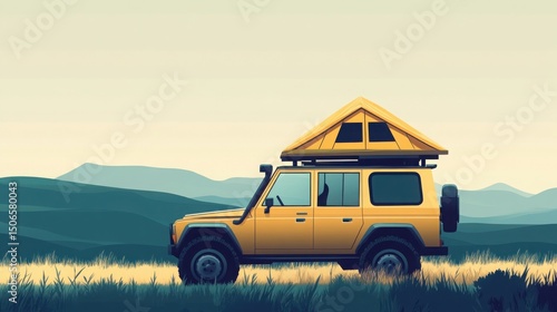 Small off-road SUV with rooftop tent in giant field, minimalist vector art with soft earthy tones and rolling hills, modern overlanding concept blending simplicity, travel, and outdoor serenity
