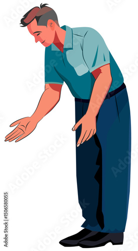 Young man, receptionist The young man bowed to greet us with a humble gesture. illustration, vector.