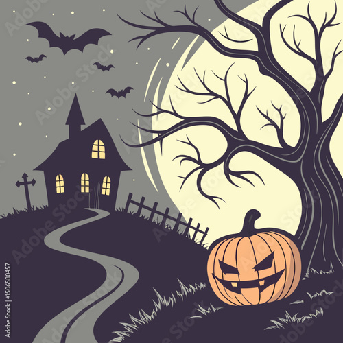 Glowing pumpkin - Spooky Halloween Night poster with haunted house, bats, graveyard, and scary tree