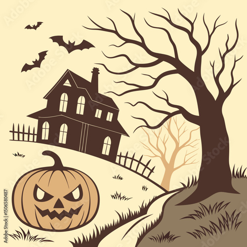 Glowing pumpkin - Spooky Halloween Night poster with haunted house, bats, graveyard, and scary tree