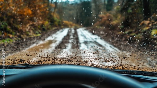 POV perspective, driver's view from inside a mud-covered windshield, wipers clearing just a small section, blurred off-road trail ahead, wet and rugged environment creating an immersive experience