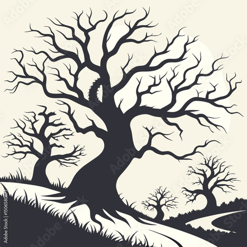 Set of Spooky Halloween trees vector silhouette. Scary halloween tree