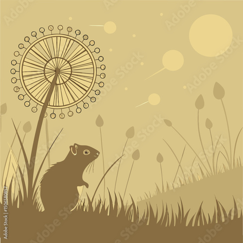 vector illustration of a mouse animal on the grass with flower.