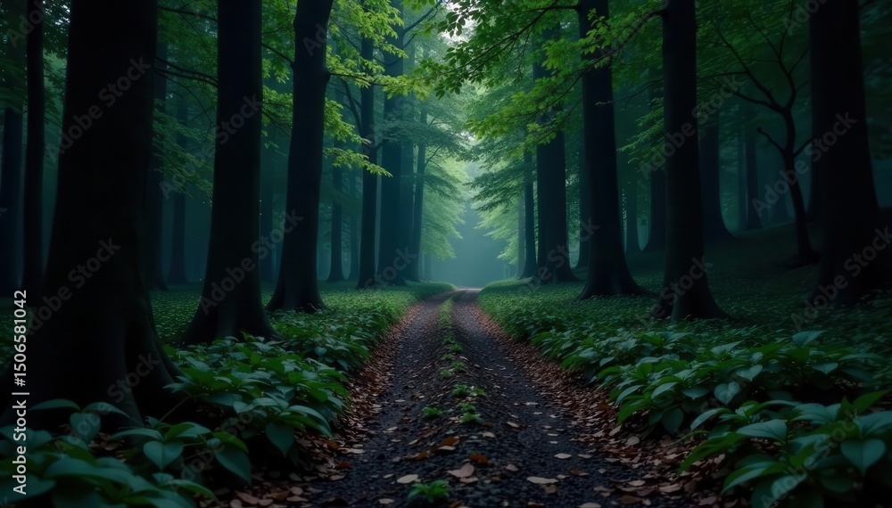 Fototapeta premium Dark, shadowy forest path, minimalist composition, dark, monochrome
