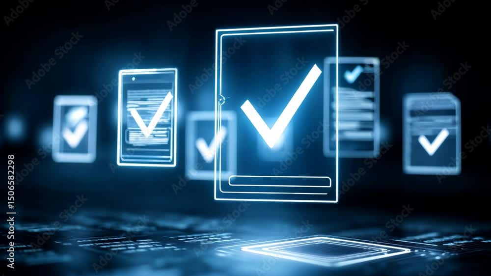 Multiple digital documents are validated with glowing check marks in a futuristic technological interface. Antivirus or file scanning software