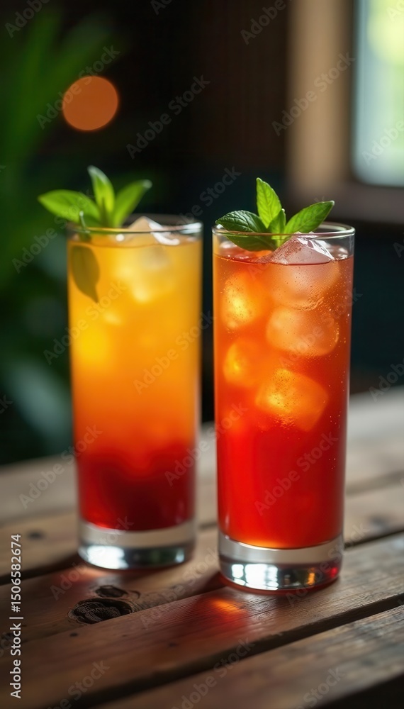 Fototapeta premium Rustic wooden tabletop, glasses filled with chilled drinks , outdoor, refreshment