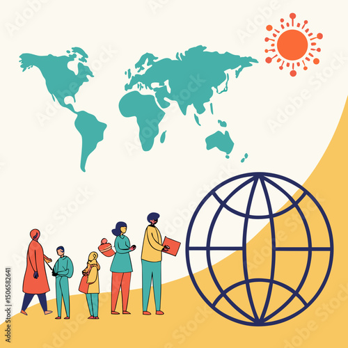 World Population Day flat vector illustration with world map, earth and group of colorful diverse people