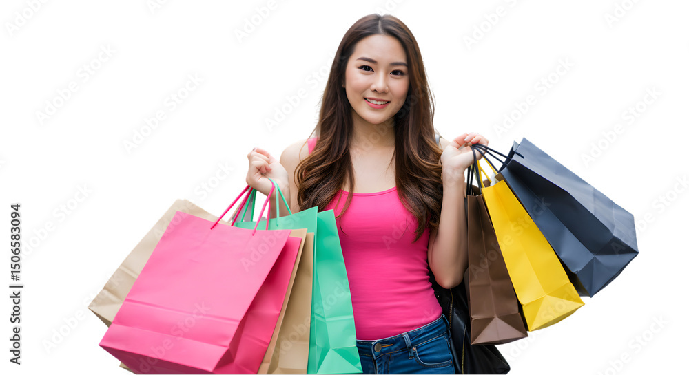 Photo Portrait Of Happy Young Woman Shopping With Colorful Bags Photo Portrait Of Happy Young Woman Shopping With Colorful Bags