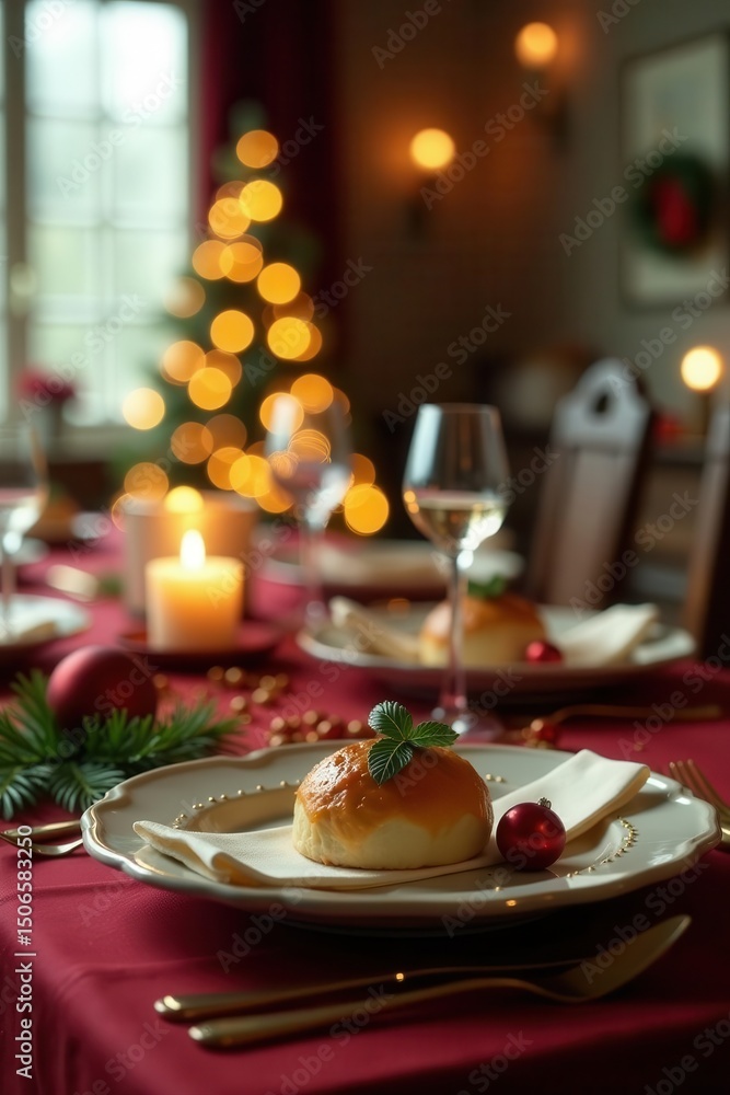 Fototapeta premium Softly lit holiday table, blurred festive details, blur, elegant