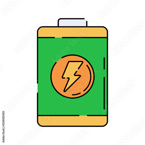 Rechargeable Battery Flat design style, green cylindrical battery with lightning, representing portable power, fits mobile energy, tech visuals, and battery backup themes.
