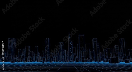 Futuristic city skyline, wireframe style