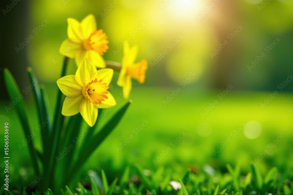 Fototapeta premium Vibrant green grass, bright yellow daffodils blooming , macro, bloom