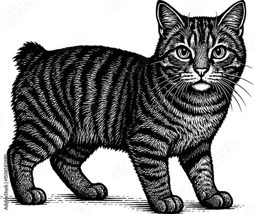 American Bobtail full body side view and facing towards the front vector black silhouette cricut print design isolated on a plain white background