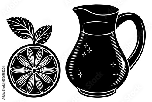 Vintage Illustration Lemonade Pitcher and Lemon Slice, lemonade, pitcher, lemon, vintage, nostalgic, royalty, graphics, visual, resource, aesthetic, fashioned, picture, clipart, minimal, download, sty