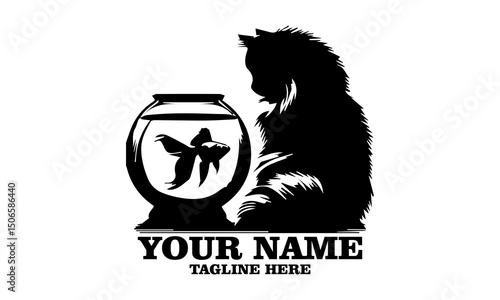 Vintage ragdoll cat staring at fishbowl illustration. ragdoll cat staring at fishbowl vector illustration and ragdoll cat staring at fishbowl logo design