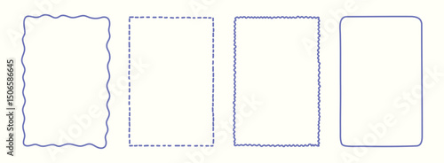 Whimsical hand drawn Italian postcard stamp set. Vintage Italy summer doodle borders. Minimal blue frames, mediterranean elements for menu, print, wedding, invitation. Coastal Isolated Vector illustra