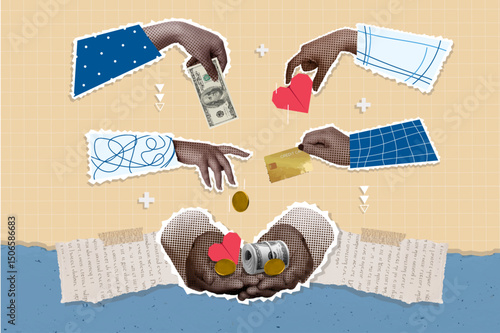 Donation collage illustrating compassion and kindness in community efforts. Vector illustration