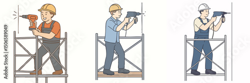 vector illustration collection of a construction worker drilling a wall using an iron raft ladder, wearing a t-shirt and a project helmet