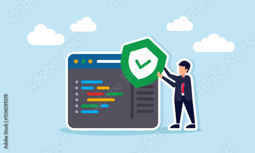 Businessman holding shield with checkmark beside programming interface illustrating reliable business application security system