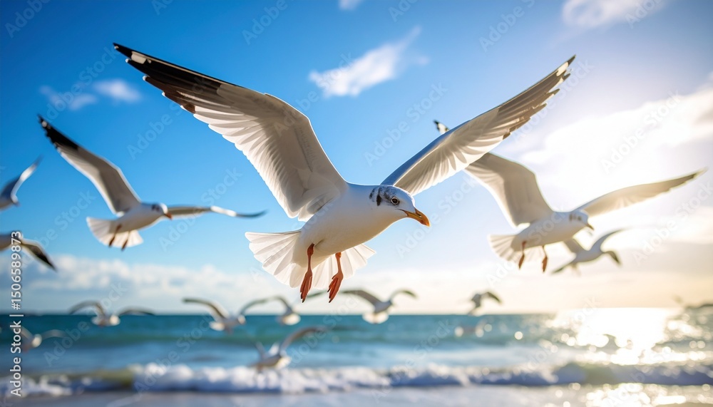 Obraz premium Seagulls flying over the ocean, lightness, airiness