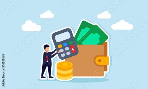 Businessman holding calculator beside wallet full of cash and coins illustration of calculating business profit and expenses