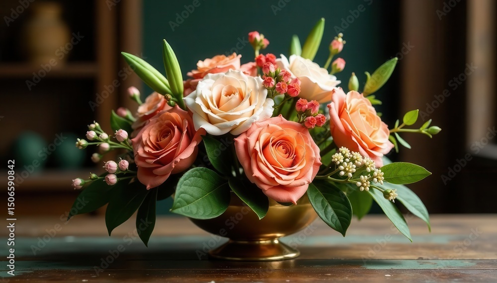Fototapeta premium Elegant centerpiece, gold accents, lush florals, wedding, candles, setting