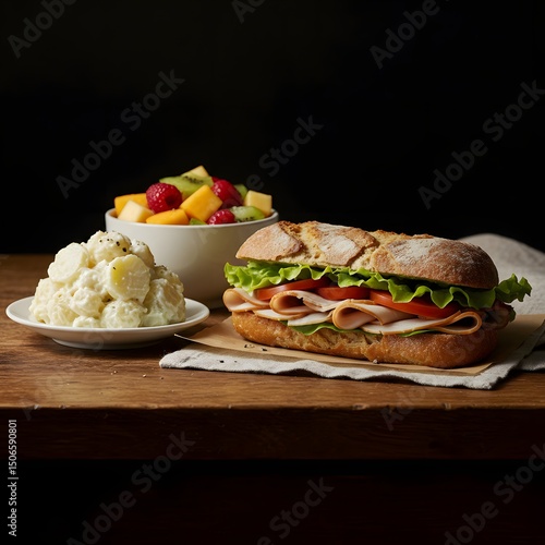 Delicious turkey sandwich with potato salad and fruit