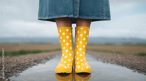 Bright yellow polka-dot rain boots standing in a puddle.