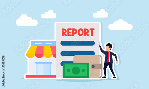 Businessman standing beside wallet store and document paper labeled report illustration of business performance report