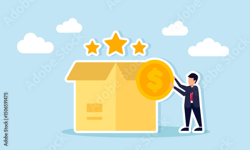 Businessman holding dollar coin next to box with three stars illustration of taking profit from improved business quality standards in logistics