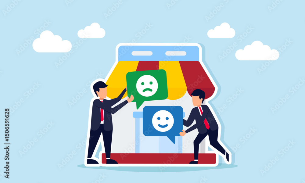 Fototapeta premium Businessman hold chat dialog with happy emoticon and another with sad emoticon both stand near store illustration of debate and disagreement about marketplace business management