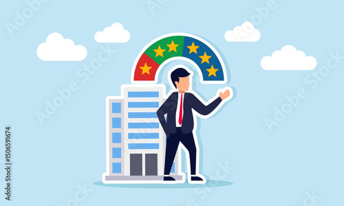 Businessman with level indicator standing beside business company building illustration of measuring business company quality standard