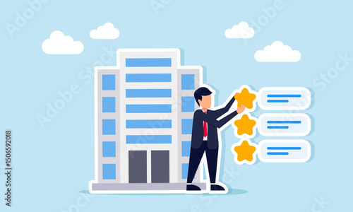 Businessman arranging star list near business company building illustration of review on business company quality standard