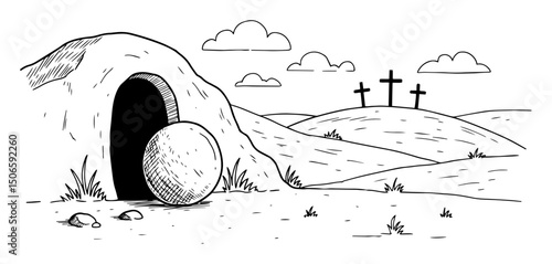 easter scene with open tomb and crosses