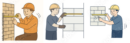 vector illustration collection of a construction worker measuring the wall of a building, wearing a t-shirt and a project helmet