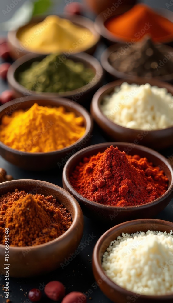 Variety of ground & whole Christmas cake spices in bowls , ground cinnamon, recipe, fragrant Variety of ground & whole Christmas cake spices in bowls , ground cinnamon, recipe, fragrant