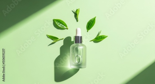 Green tea leaves scattered beside glass serum bottle on pastel green background