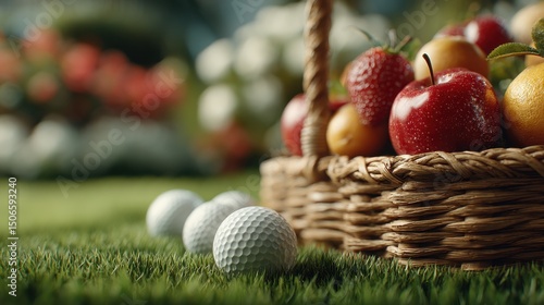 Fototapeta Naklejka Na Ścianę i Meble -  Picnic basket on grass with golf balls and fruits on a sunny day filled with leisure and outdoor fun. Family Golf Month