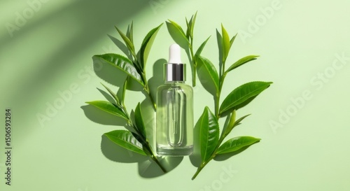 Green tea leaves scattered beside glass serum bottle on pastel green background