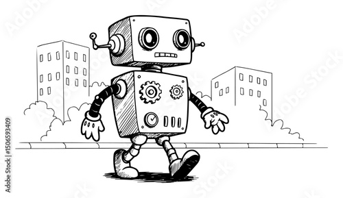 retro robot walking in cityscape