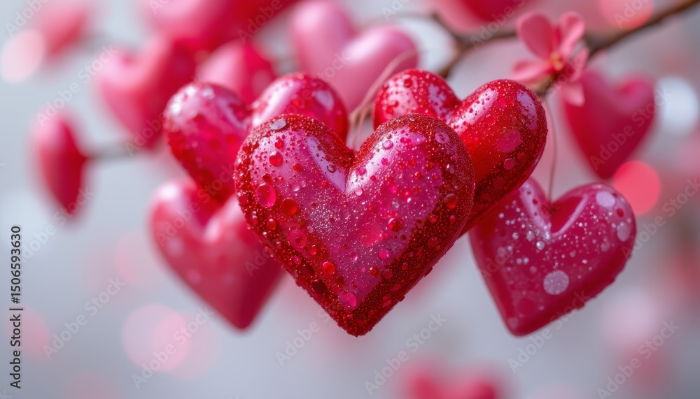 Fototapeta premium Sparkling Heart Ornaments on Branch