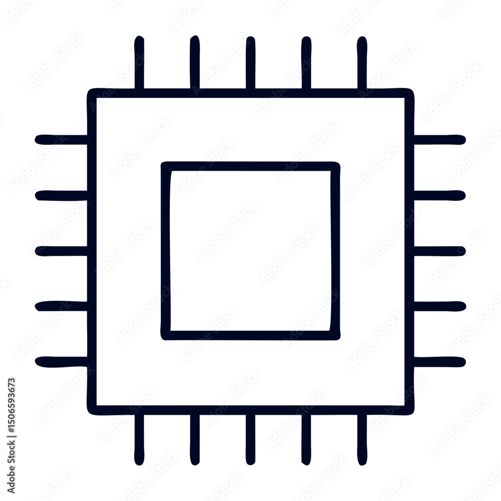 Illustration of a simple computer chip with a square outline and multiple pins on transparent background Illustration of a simple computer chip with a square outline and multiple pins on transparent background