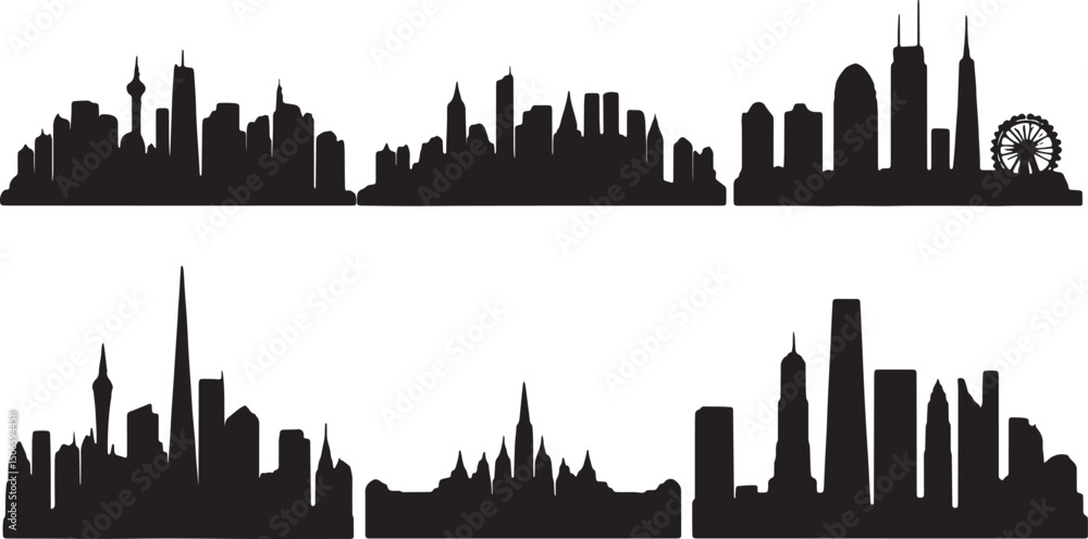 Fototapeta premium Urban Skyline Silhouettes Set Famous City Skyline Bundle | Black Silhouette Vector