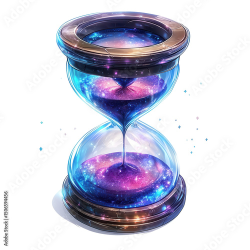 A cosmic hourglass shows the universe flowing like time stardust swirling on transparent background
