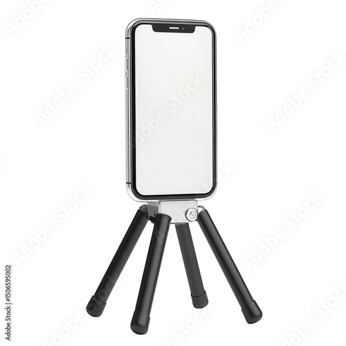 A modern smartphone mounted securely on a mini tripod ready for capturing on transparent background