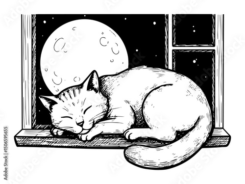 sleeping cat on window sill with moon night background – vector illustration