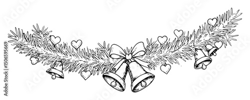christmas garland with bells and hearts – festive black and white vector