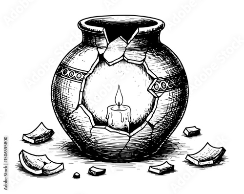 broken pot with candle inside – metaphorical hand drawn vector