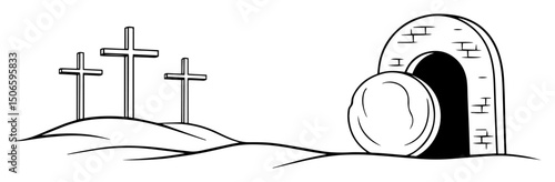 empty tomb and three crosses on hill – minimal easter resurrection vector