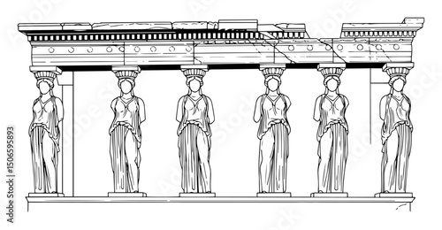 erechtheion porch with caryatids – greek classical architecture vector